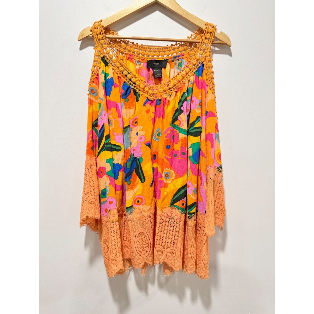 RAIN Orange Floral Cold Shoulder Top Crochet Lace Trim Plus Size 2X